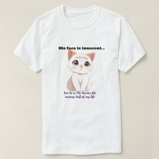 Witte kat met een onschuldig gezicht t-shirt (Design voorkant)