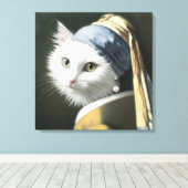Witte kat met een parel oorbel canvas afdruk (Insitu (Houten vloer))