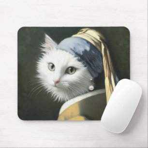 Witte kat met een parel oorbel muismat