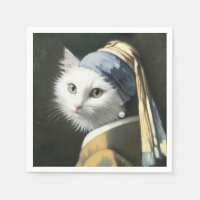 Witte kat met een parel oorbel schilderij