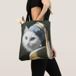 Witte kat met een parel oorbel schilderij tote bag
