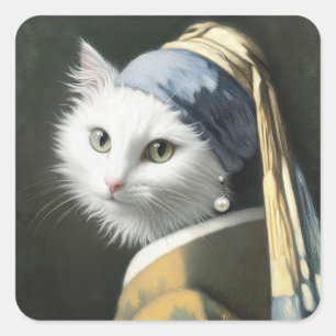 Witte kat met een parel oorbel schilderij vierkante sticker