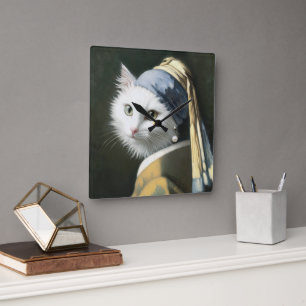 Witte kat met een parelmoer  portret vierkante klok