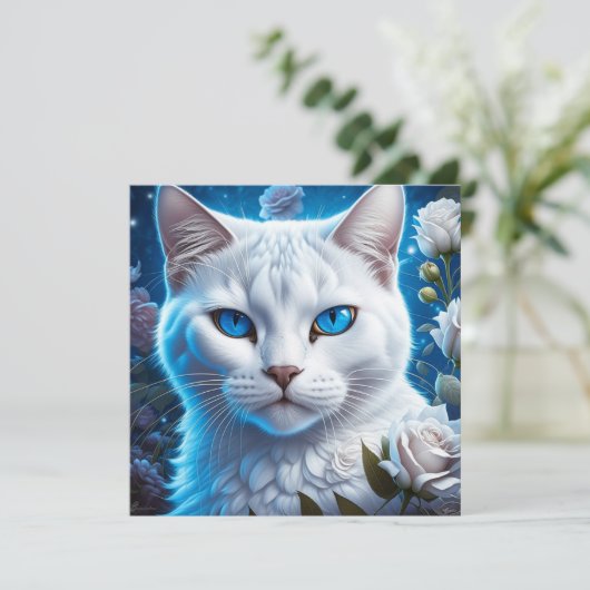 Witte Kat met Heldere Blauwe Ogen Bloemen (Staand voorkant)