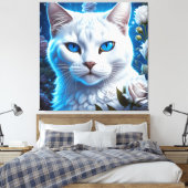 Witte Kat met Heldere Blauwe Ogen Bloemen Canvas Afdruk (Insitu (Slaapkamer))