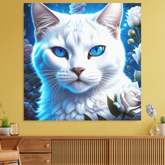 Witte Kat met Heldere Blauwe Ogen Bloemen Canvas Afdruk (Insitu (Woonkamer))