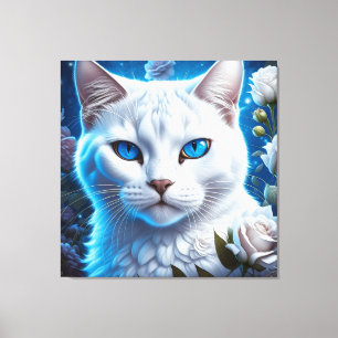 Witte Kat met Heldere Blauwe Ogen Bloemen Canvas Afdruk