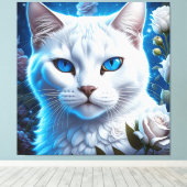 Witte Kat met Heldere Blauwe Ogen Bloemen Canvas Afdruk (Insitu (Houten vloer))