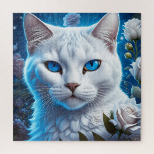 Witte Kat met Heldere Blauwe Ogen Bloemen Legpuzzel