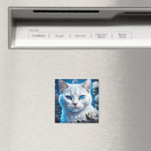 Witte Kat met Heldere Blauwe Ogen Bloemen Magneet (Insitu (Vaatwasser))