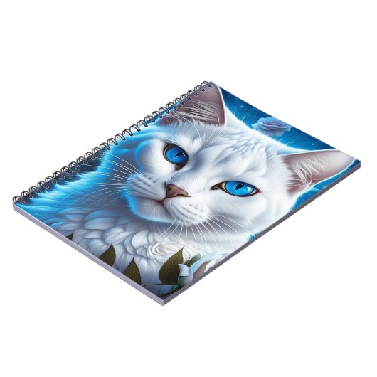 Witte Kat met Heldere Blauwe Ogen Bloemen Notitieboek (Linkerzijde)