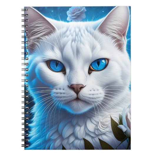 Witte Kat met Heldere Blauwe Ogen Bloemen Notitieboek (Voorkant)