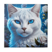 Witte Kat met Heldere Blauwe Ogen Bloemen Tegeltje (Voorkant)