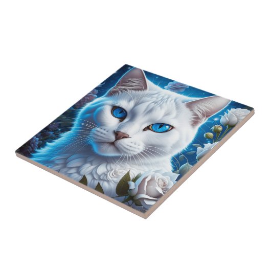 Witte Kat met Heldere Blauwe Ogen Bloemen Tegeltje (Zijkant)