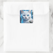 Witte Kat met Heldere Blauwe Ogen Bloemen Vierkante Sticker (Tas)