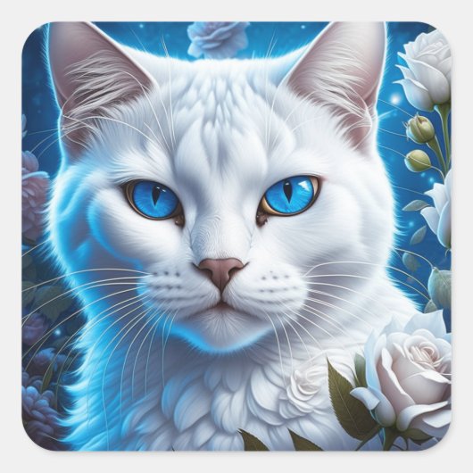 Witte Kat met Heldere Blauwe Ogen Bloemen Vierkante Sticker (Voorkant)
