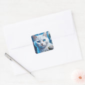 Witte Kat met Heldere Blauwe Ogen Bloemen Vierkante Sticker (Envelop)
