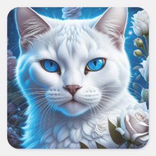 Witte Kat met Heldere Blauwe Ogen Bloemen Vierkante Sticker