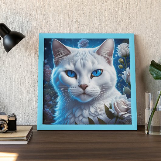 Witte kat met heldere blauwe ogen bloemstuk  perfect poster