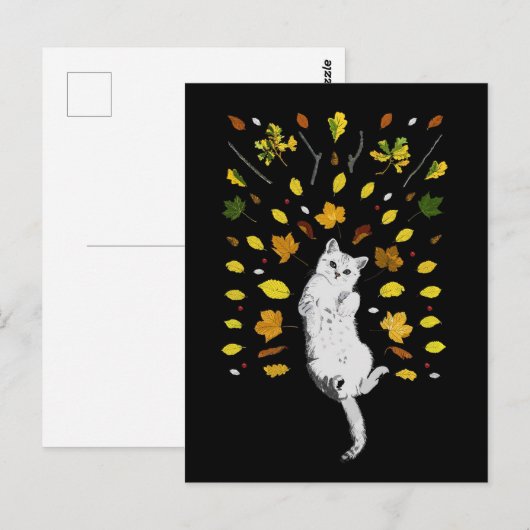 Witte kat met herfstbladeren briefkaart (Voorkant / Achterkant)