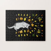 Witte kat met herfstbladeren legpuzzel (Horizontaal)