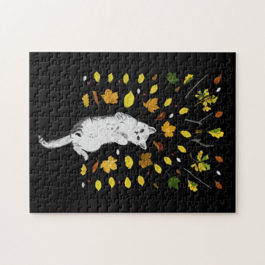 Witte kat met herfstbladeren legpuzzel (Horizontaal)