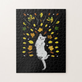 Witte kat met herfstbladeren legpuzzel