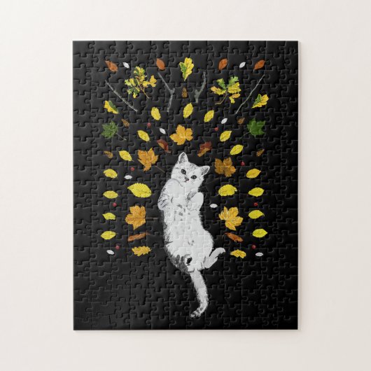 Witte kat met herfstbladeren legpuzzel (Verticaal)