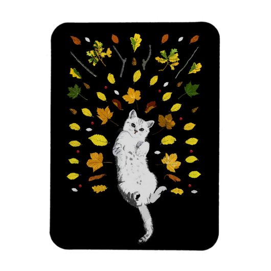Witte kat met herfstbladeren magneet (Verticaal)