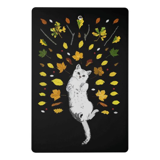 Witte kat met herfstbladeren mini klembord (Achterkant)