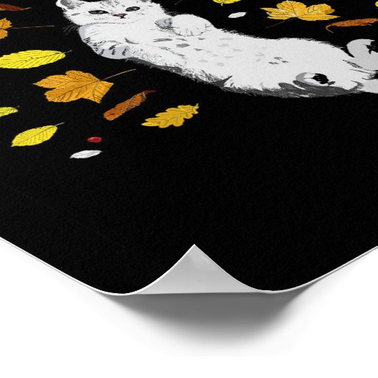 Witte kat met herfstbladeren poster (Hoek)