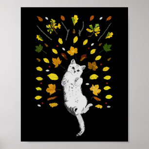 Witte kat met herfstbladeren poster