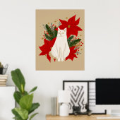Witte kat met kerstblad - klassiek poster (Thuiskantoor)