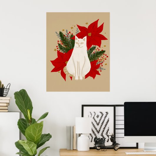 Witte kat met kerstblad - klassiek poster (Thuiskantoor)