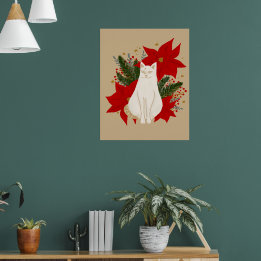 Witte kat met kerstblad - klassiek poster