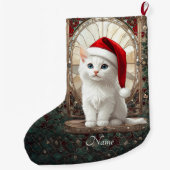 Witte kat met kerstmuts kous grote kerstsok (Achterkant)