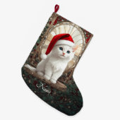 Witte kat met kerstmuts kous grote kerstsok (Voorkant (Hangend))