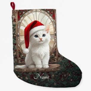 Witte kat met kerstmuts kous grote kerstsok