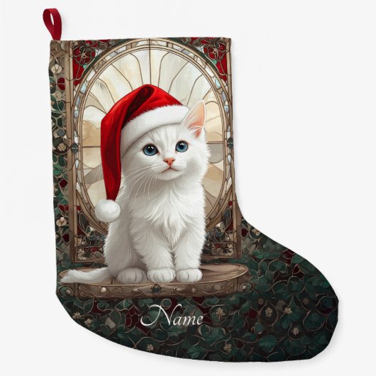 Witte kat met kerstmuts kous grote kerstsok (Voorkant)