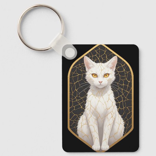 Witte kat met Kintsugi-patroon 🐾 Sleutelhanger (Voorkant)