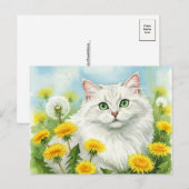 Witte kat met paardebloemen Briefkaart (Voorkant / Achterkant)