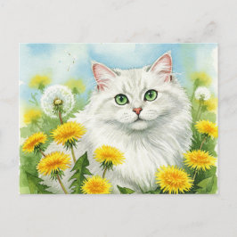 Witte kat met paardebloemen Briefkaart