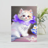Witte kat met Paarse bloemkraag Aankondiging (Staand voorkant)