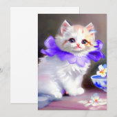 Witte kat met Paarse bloemkraag Aankondiging (Voorkant / Achterkant)
