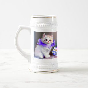 Witte kat met Paarse bloemkraag Bierpul