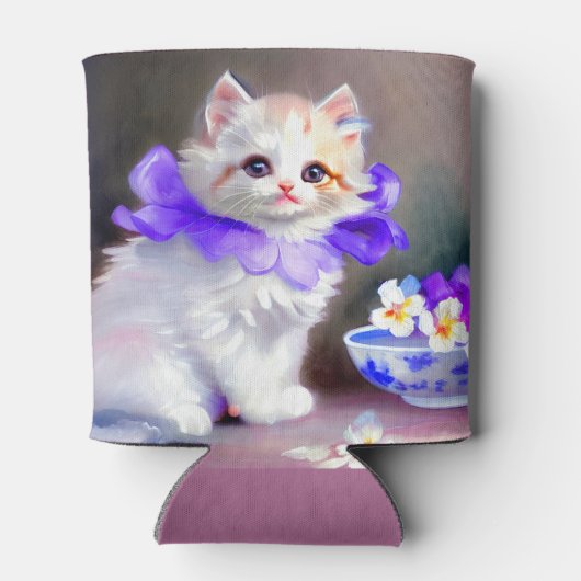 Witte kat met Paarse bloemkraag Blikjeskoeler (Achterkant)