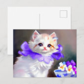 Witte kat met Paarse bloemkraag Briefkaart (Voorkant / Achterkant)