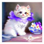 Witte kat met Paarse bloemkraag Foto Afdruk (Voorkant)