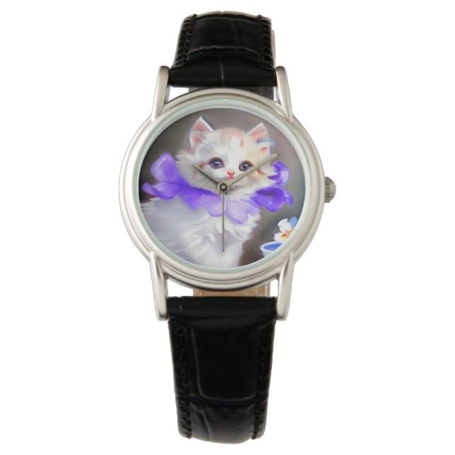 Witte kat met Paarse bloemkraag Horloge (Voorkant)