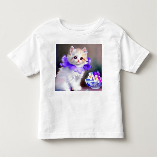 Witte kat met Paarse bloemkraag Kinder Shirts (Voorkant)